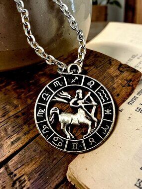 Sagittarius Zodiac Necklace Astrology Pendant Diamond Cut Stainless Steel Chain